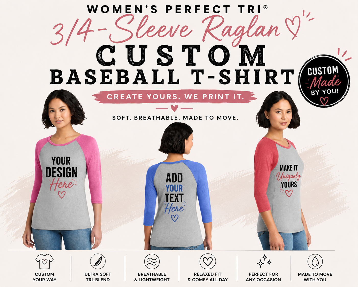 Custom Women’s Perfect Tri® 3/4-Sleeve Baseball Raglan T-Shirt