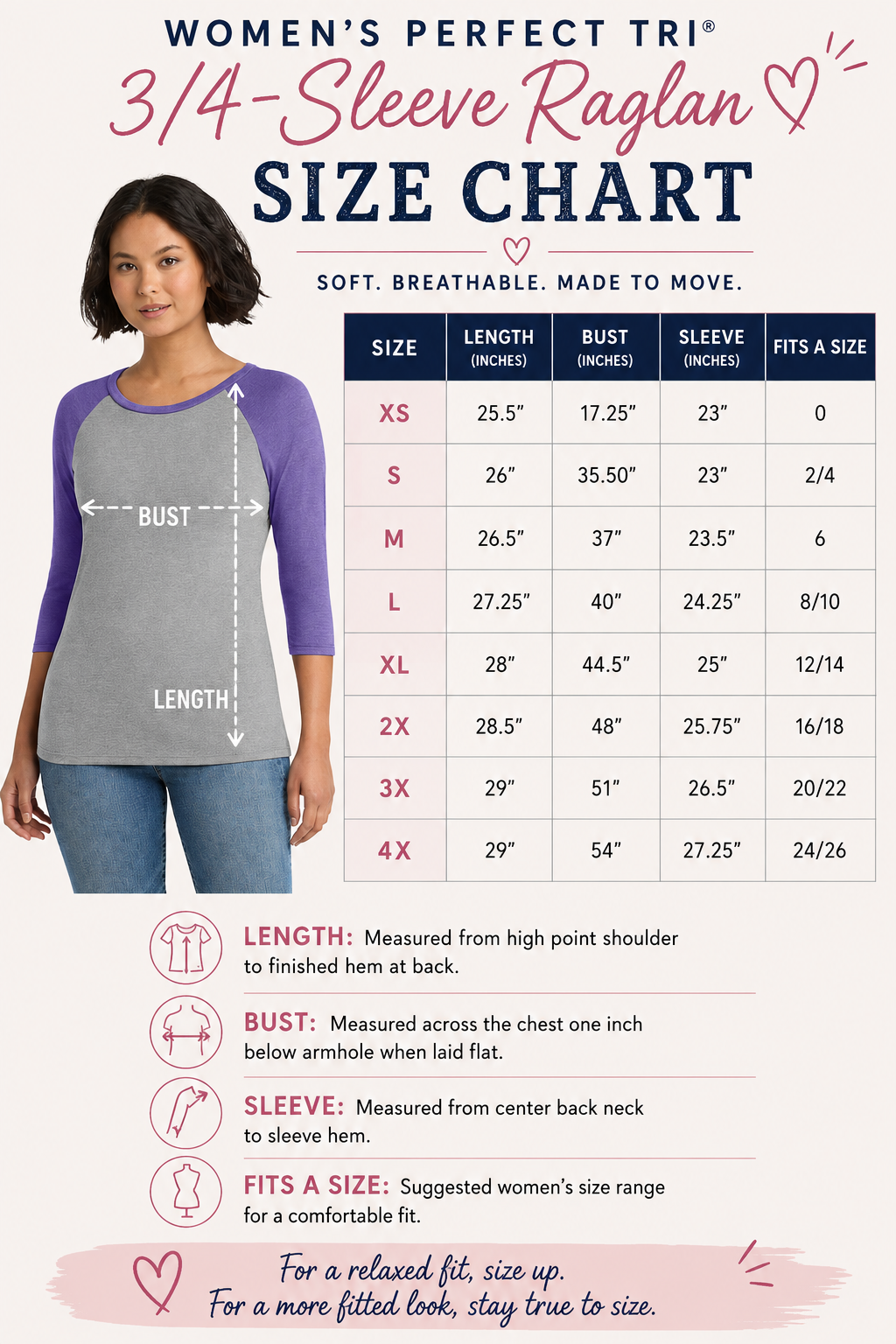 Custom Women’s Perfect Tri® 3/4-Sleeve Baseball Raglan T-Shirt