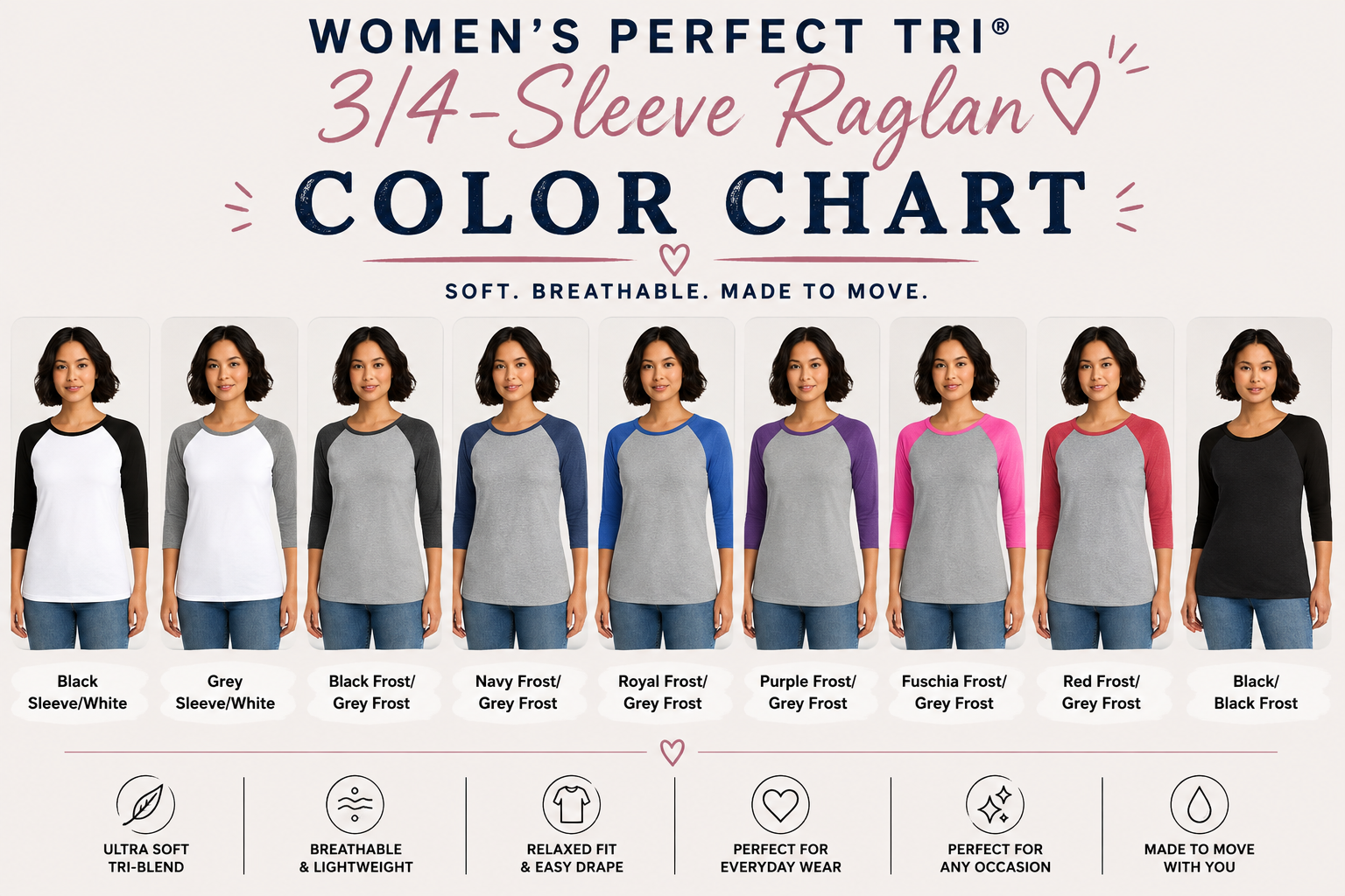 Custom Women’s Perfect Tri® 3/4-Sleeve Baseball Raglan T-Shirt
