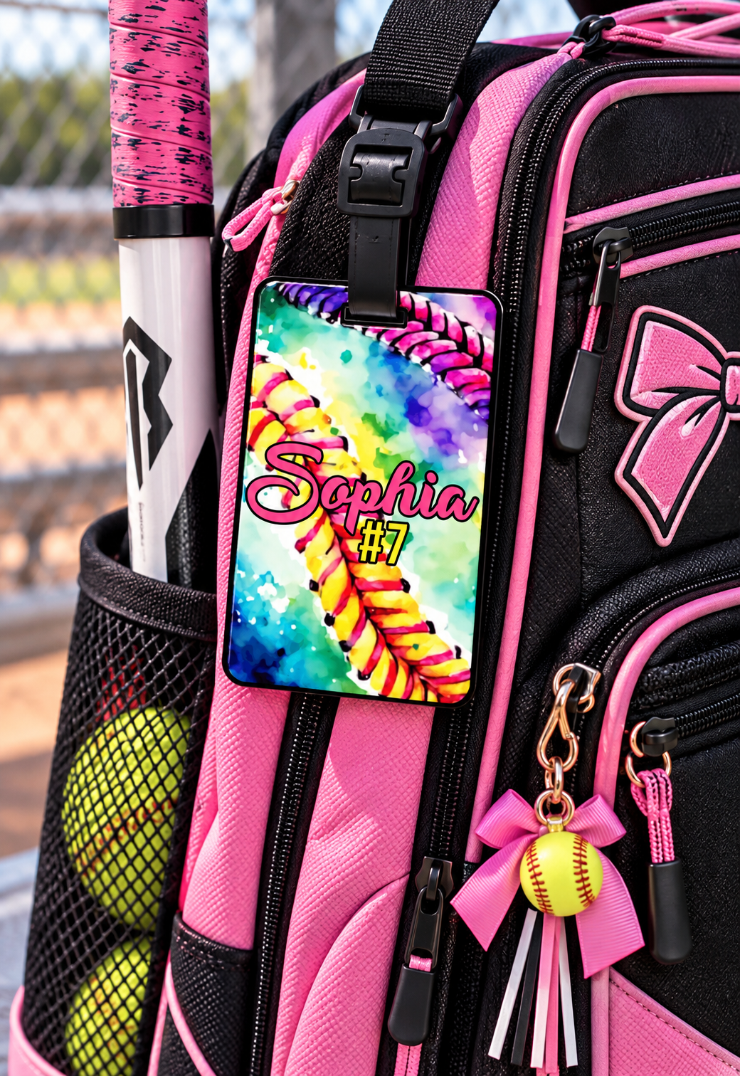 Custom Watercolor Rectangle Softball Bag Tag