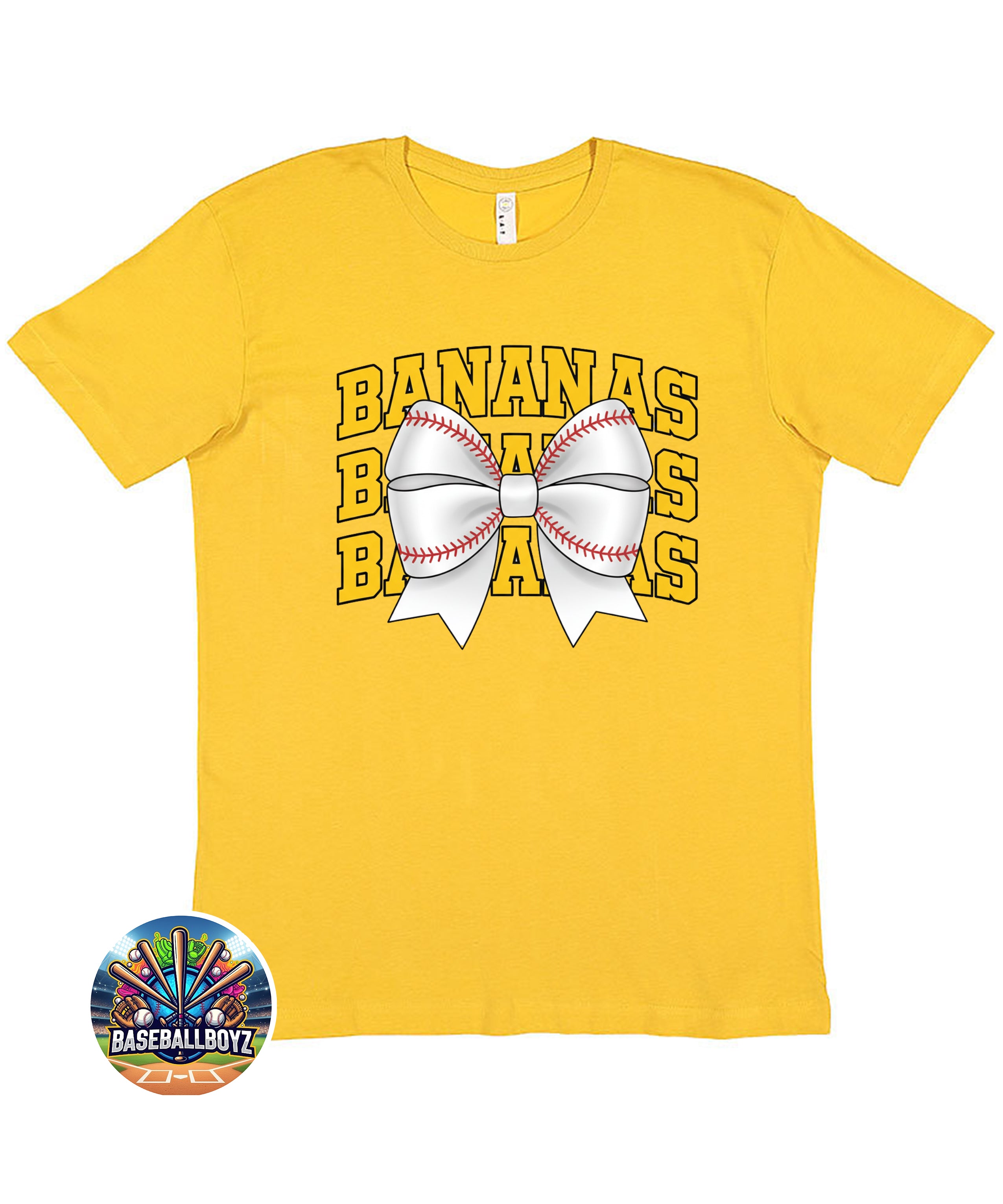Bananas Stacked Text Baseball Bow Team Graphic T-Shirt