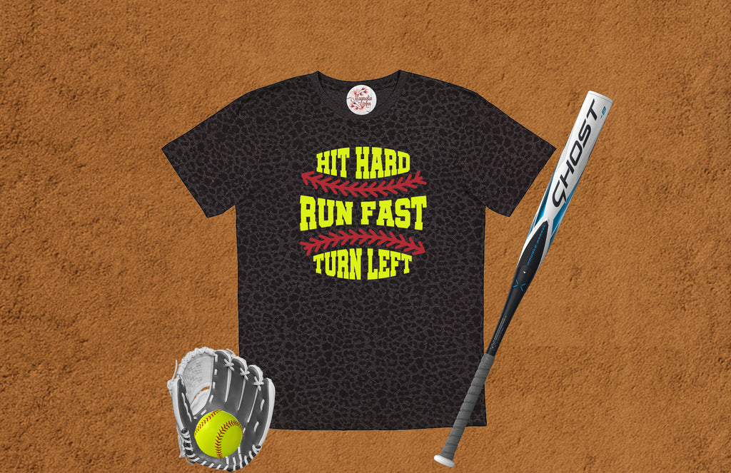 Hit Hard Run Fast Turn Left Softball Graphic T-Shirt