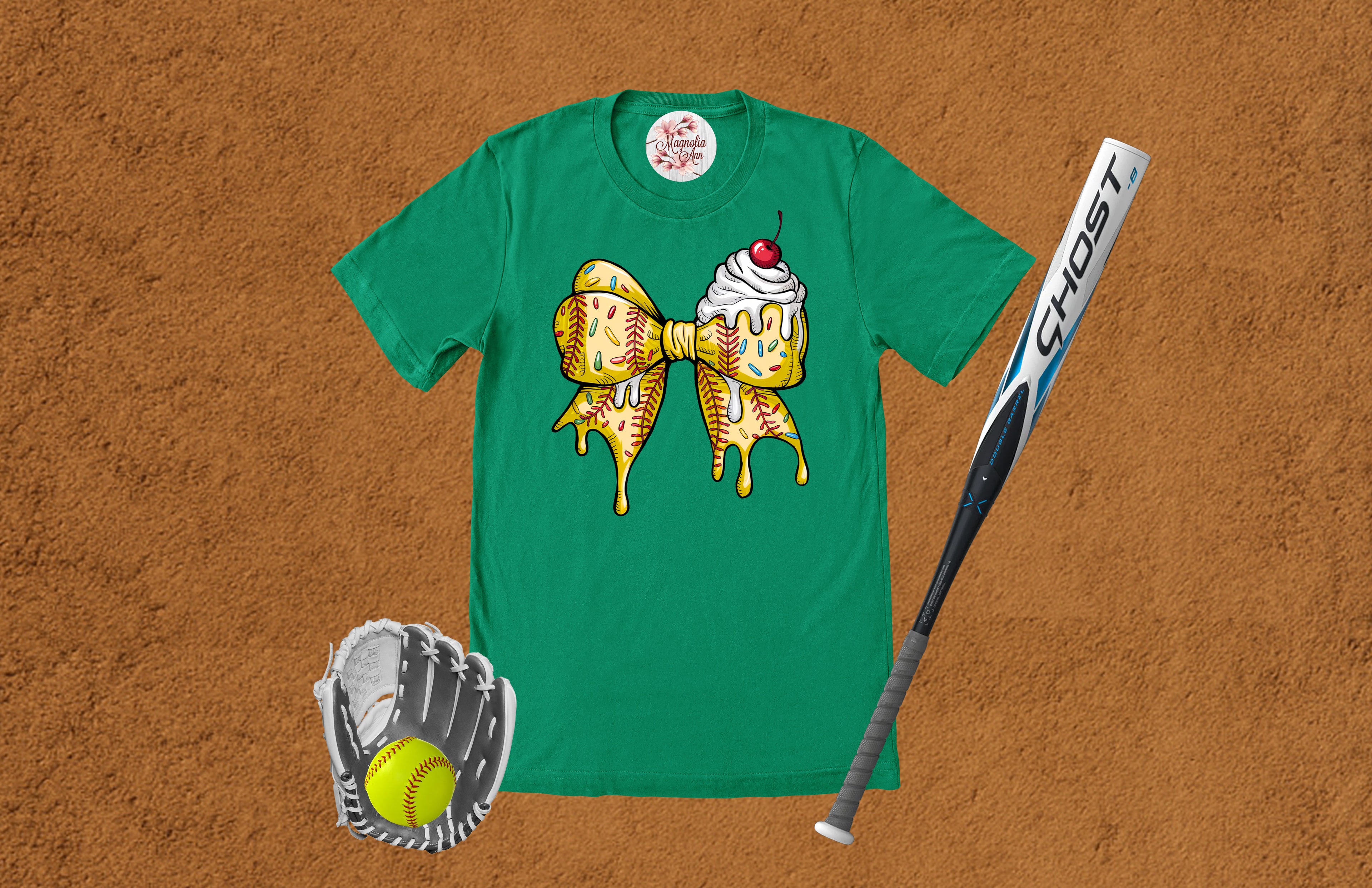 Softball Bow Ice Cream Drip Graphic T-Shirt