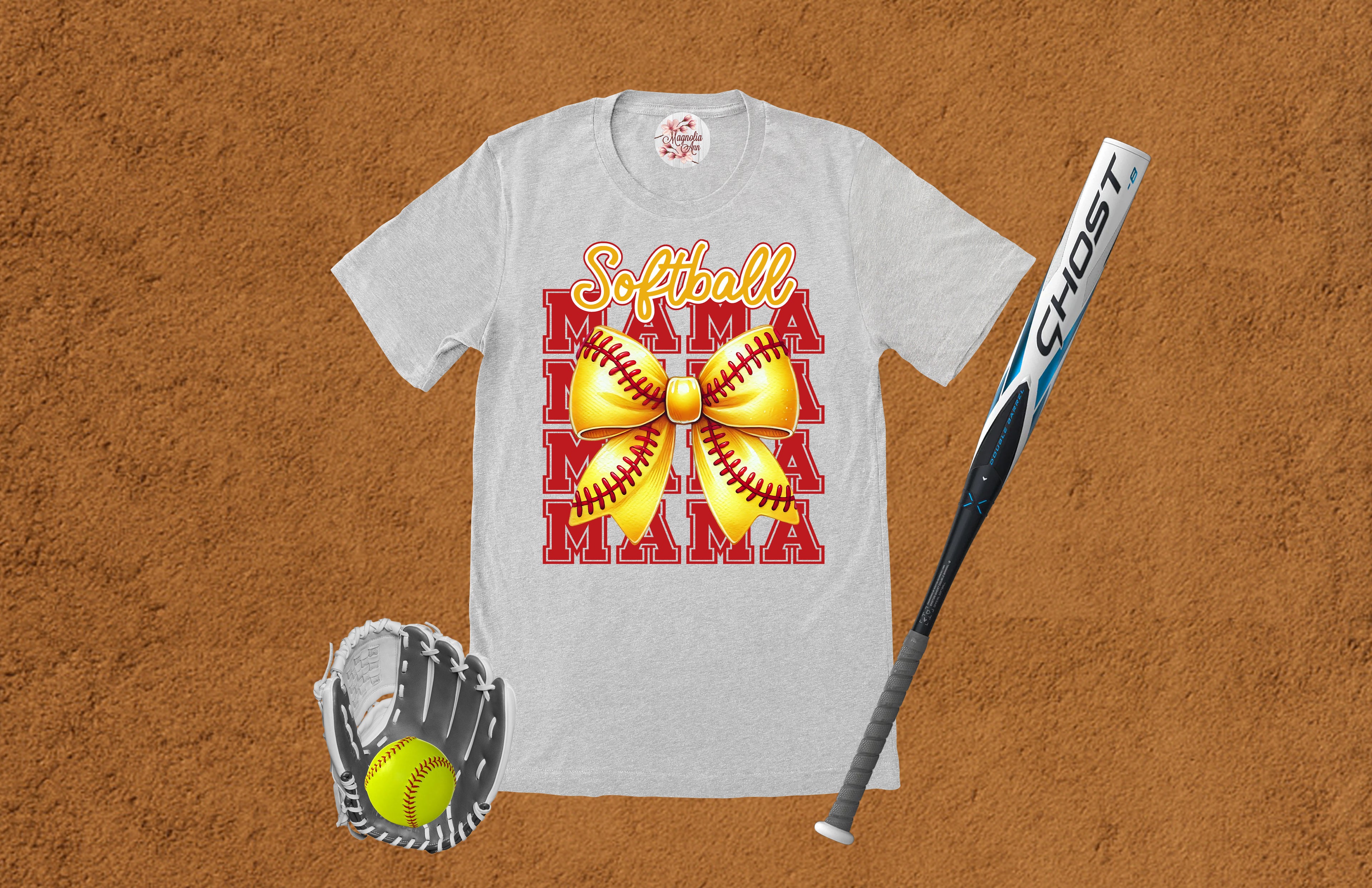 Stacked Softball Mama Bow Graphic T-Shirt