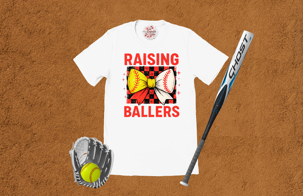 Raising Ballers Baseball Softball Bow T-Shirt