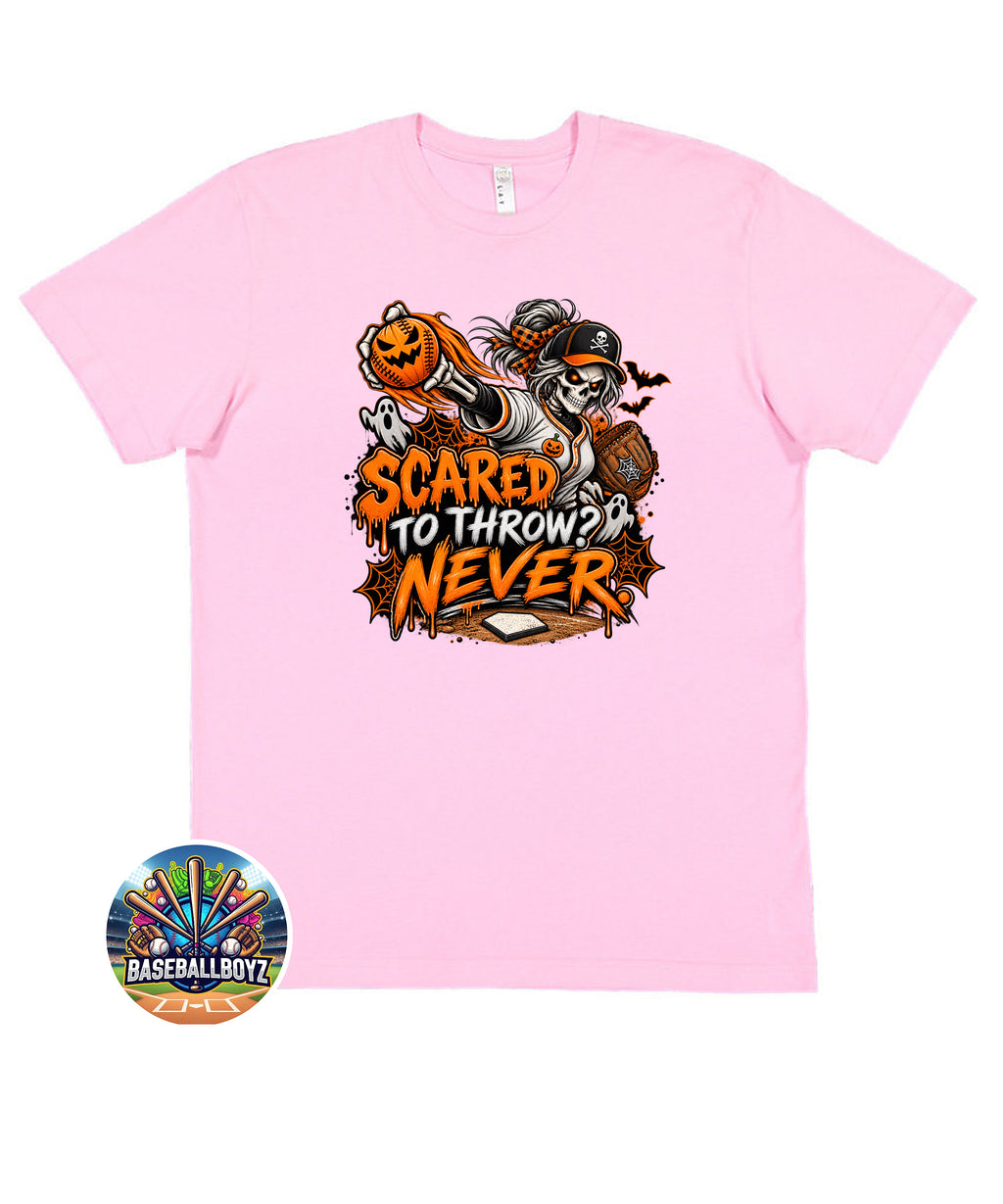 Scared to Throw, Never Baseball Halloween Graphic T-Shirt