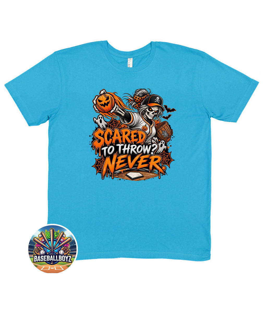 Scared to Throw, Never Baseball Halloween Graphic T-Shirt