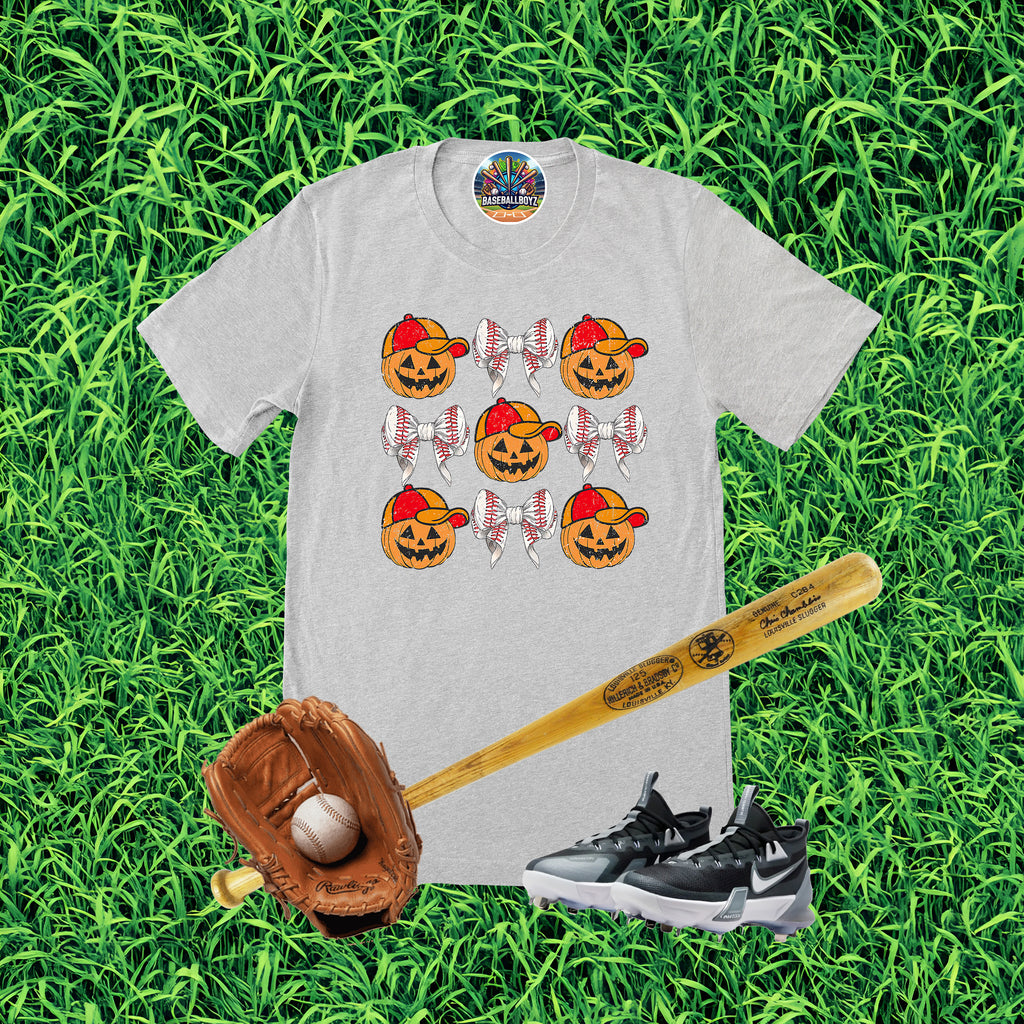 Baseball Pumpkins Coquette Bows Halloween Graphic T-Shirt