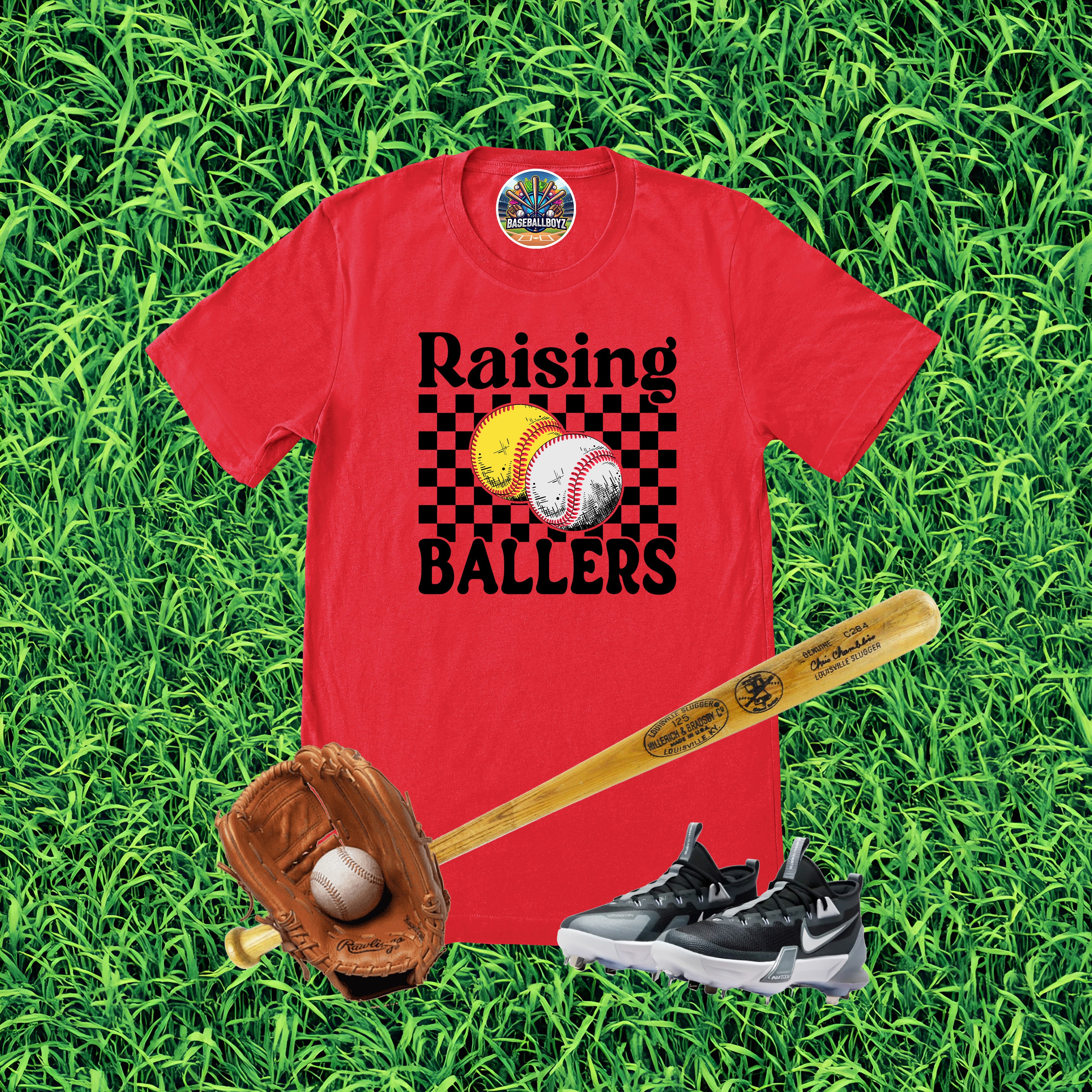 Raising Ballers Baseball Softball Checkered T-Shirt