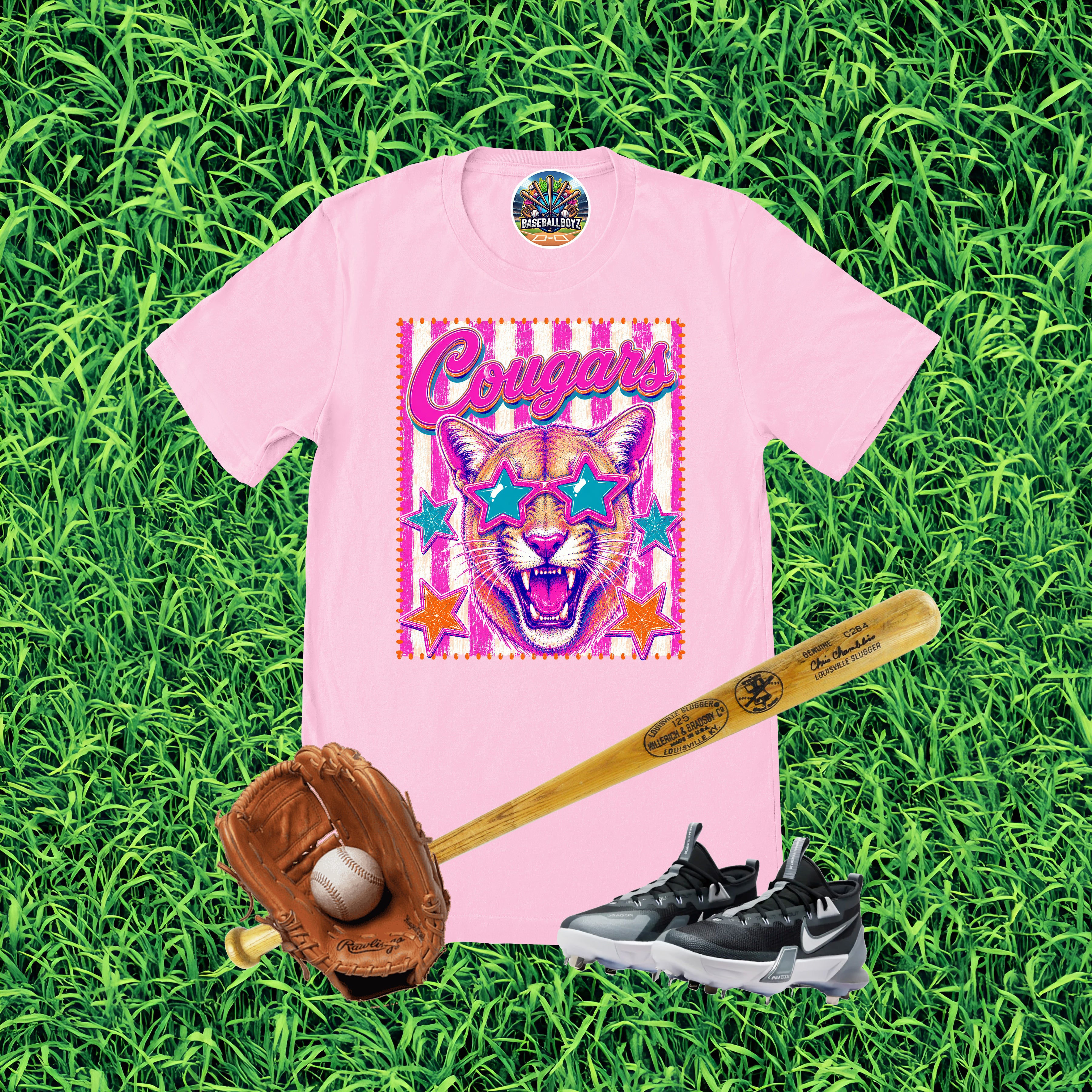 Colorful Cougars Star Sunglasses Team Graphic T-Shirt