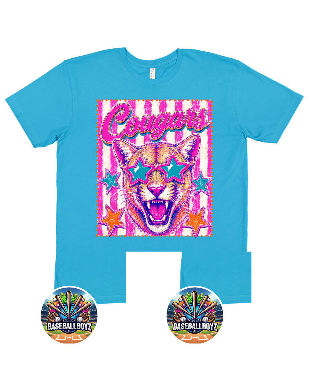Colorful Cougars Star Sunglasses Team Graphic T-Shirt