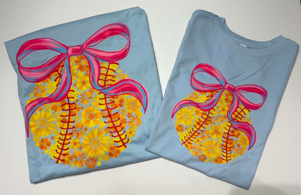 Softball Floral Bow Graphic T-Shirt
