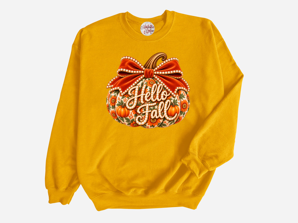 Hello Fall Velvet Pumpkin Pullover Sweatshirt