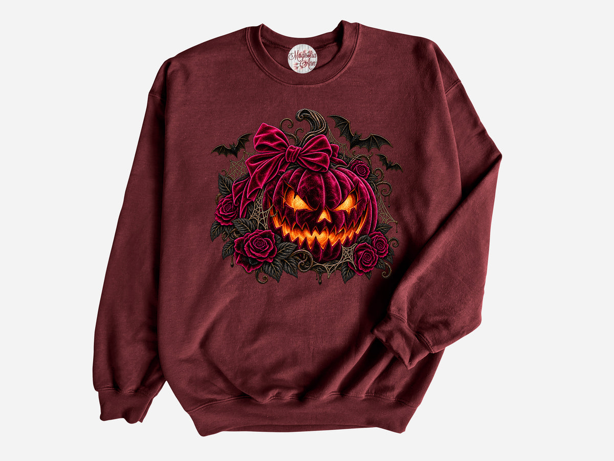 Velvet Jack O Lantern Halloween Pullover Sweatshirt