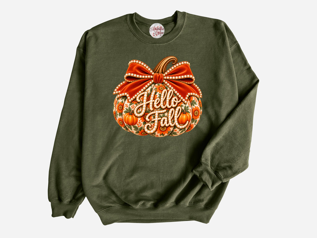 Hello Fall Velvet Pumpkin Pullover Sweatshirt