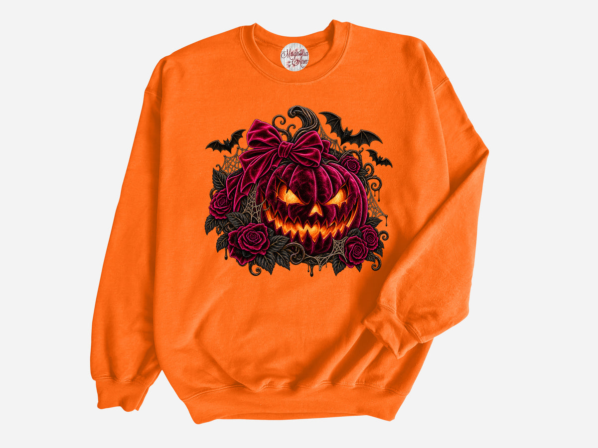 Velvet Jack O Lantern Halloween Pullover Sweatshirt