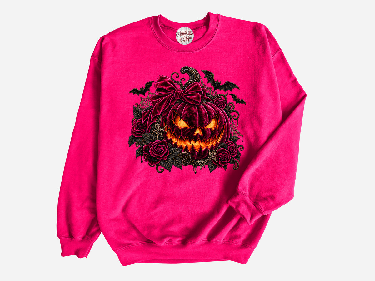 Velvet Jack O Lantern Halloween Pullover Sweatshirt