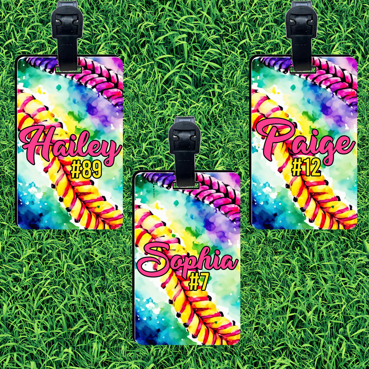 Custom Watercolor Rectangle Softball Bag Tag