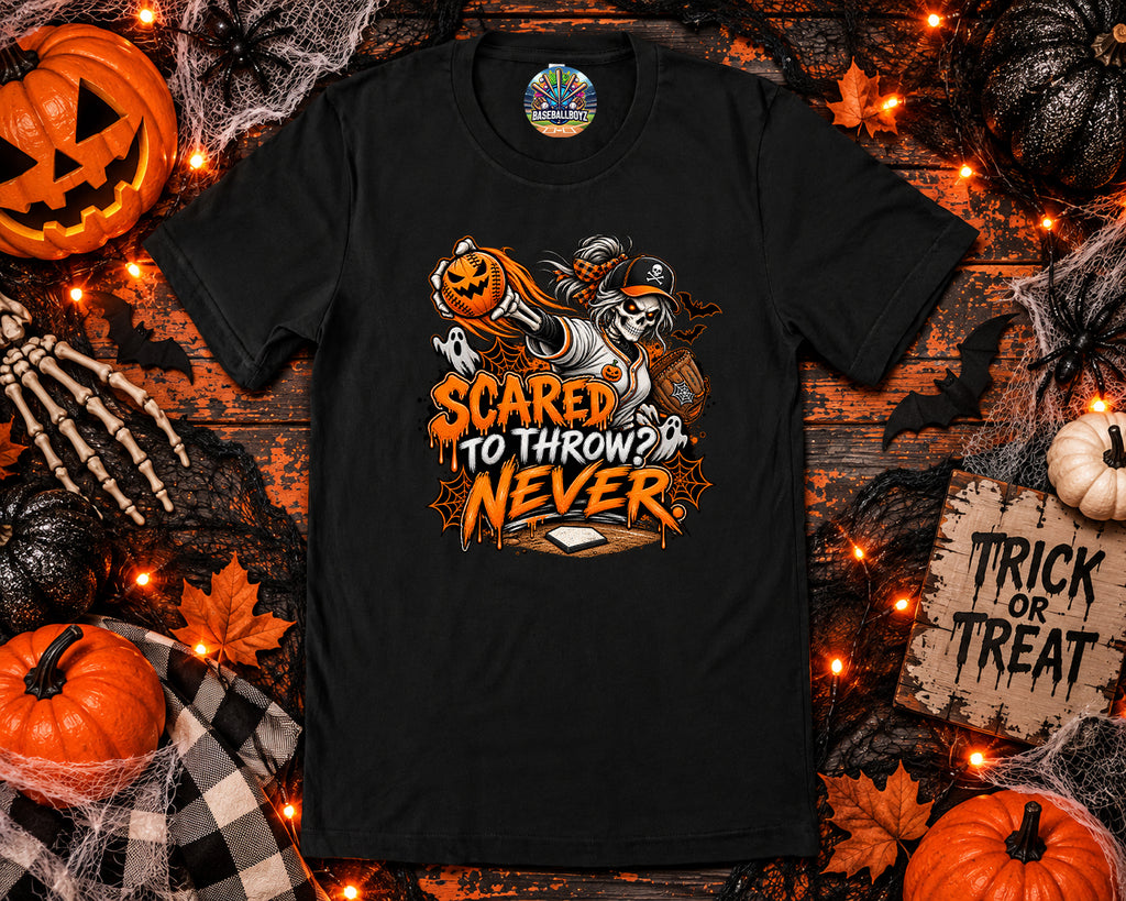 Scared to Throw, Never Baseball Halloween Graphic T-Shirt