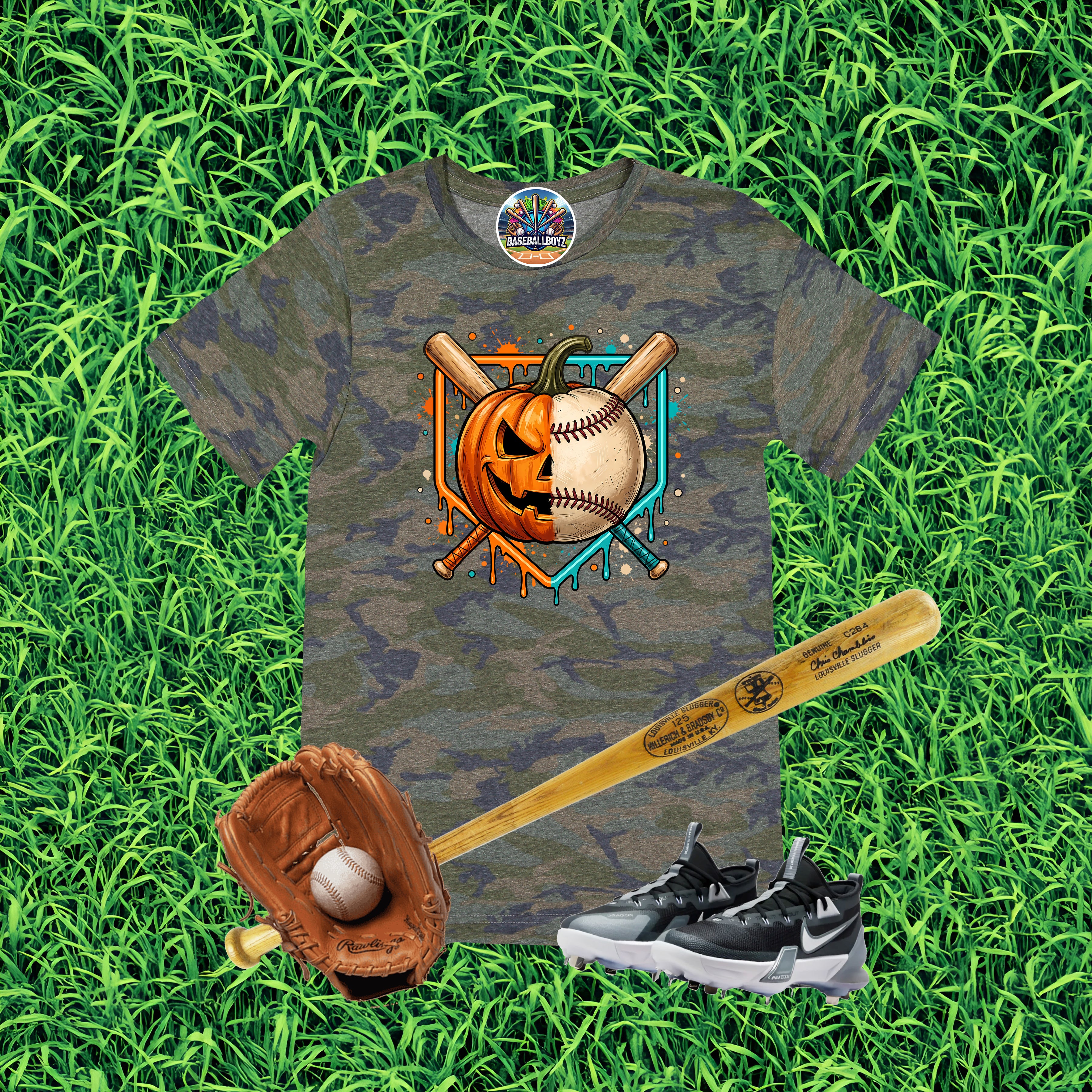 Split Baseball Pumpkin Drip Halloween Graphic T-Shirt