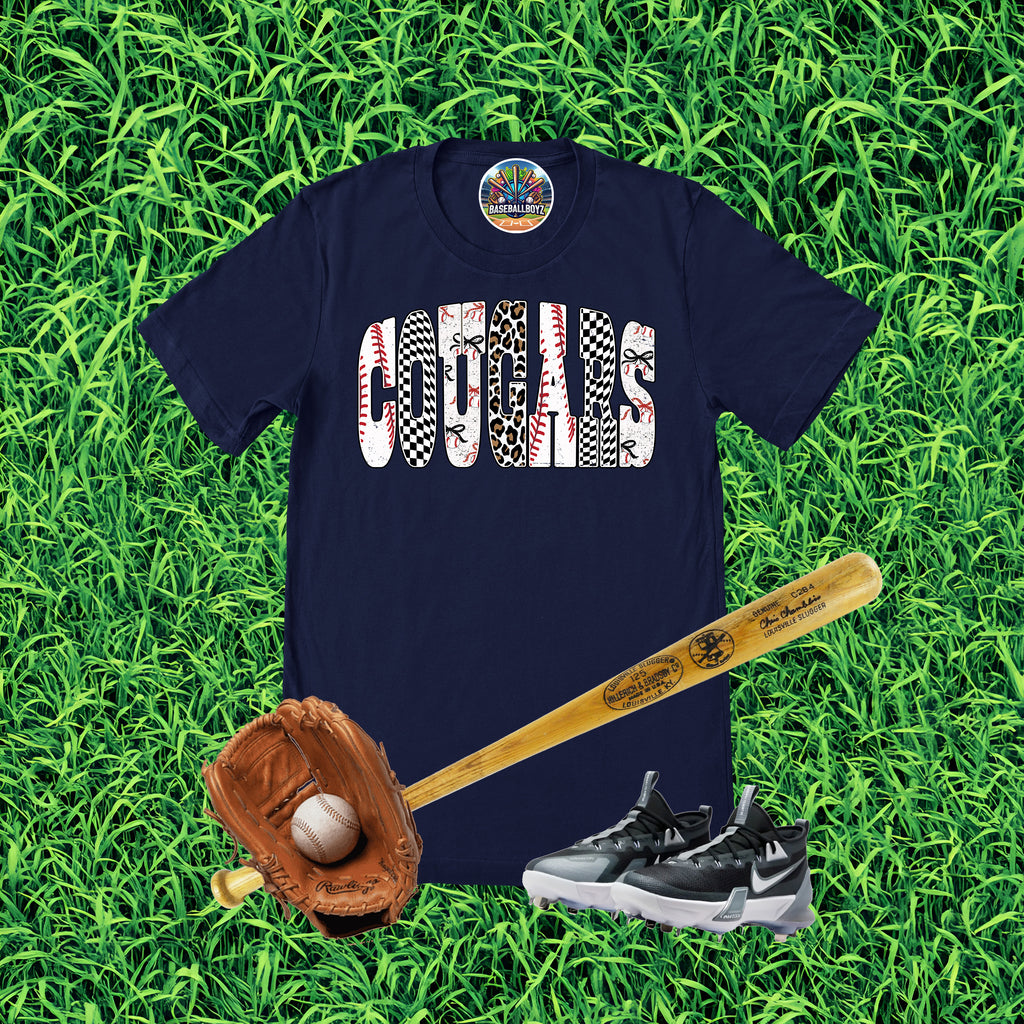 Cougars Baseball Checkered Font Team Graphic T-Shirt