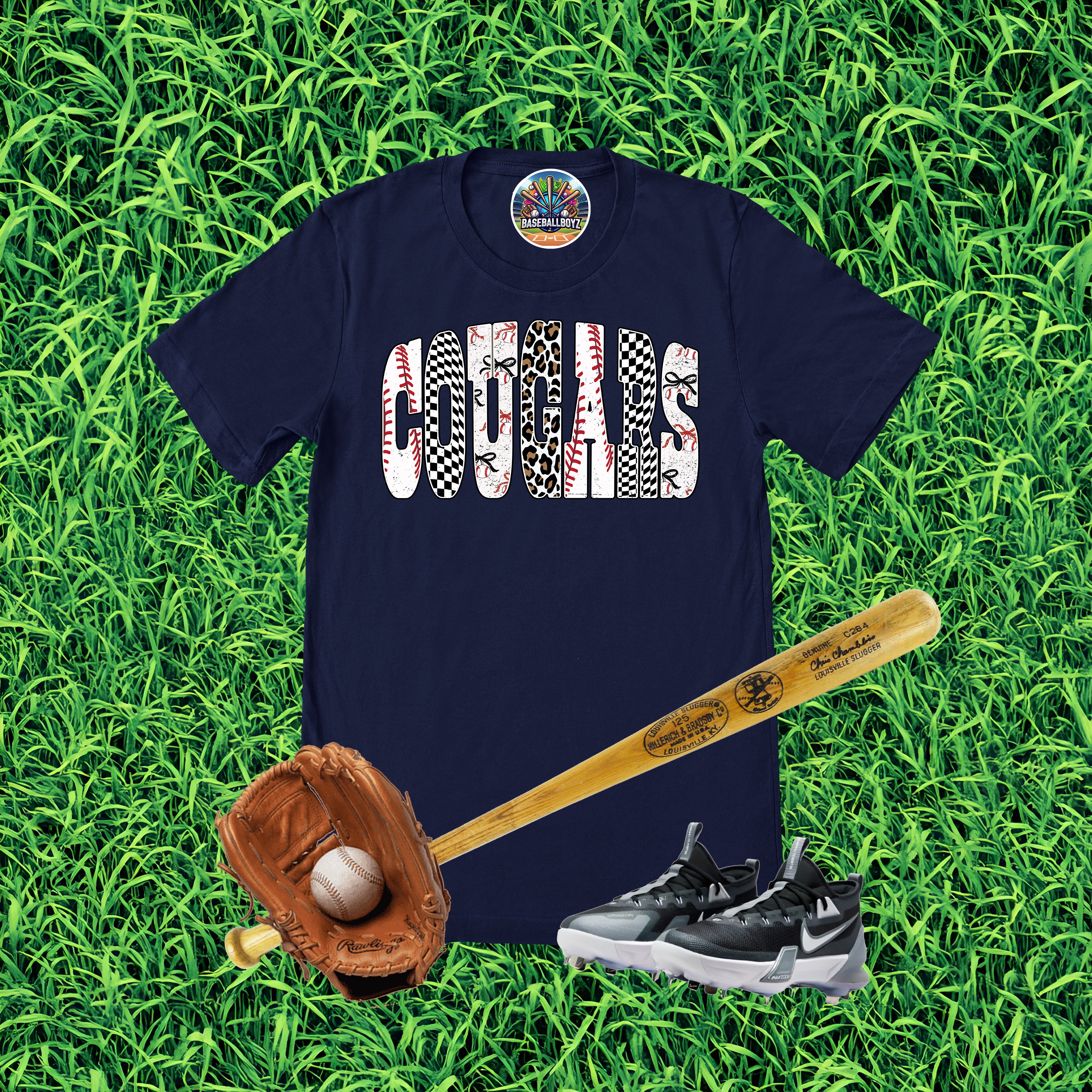 Cougars Baseball Checkered Font Team Graphic T-Shirt