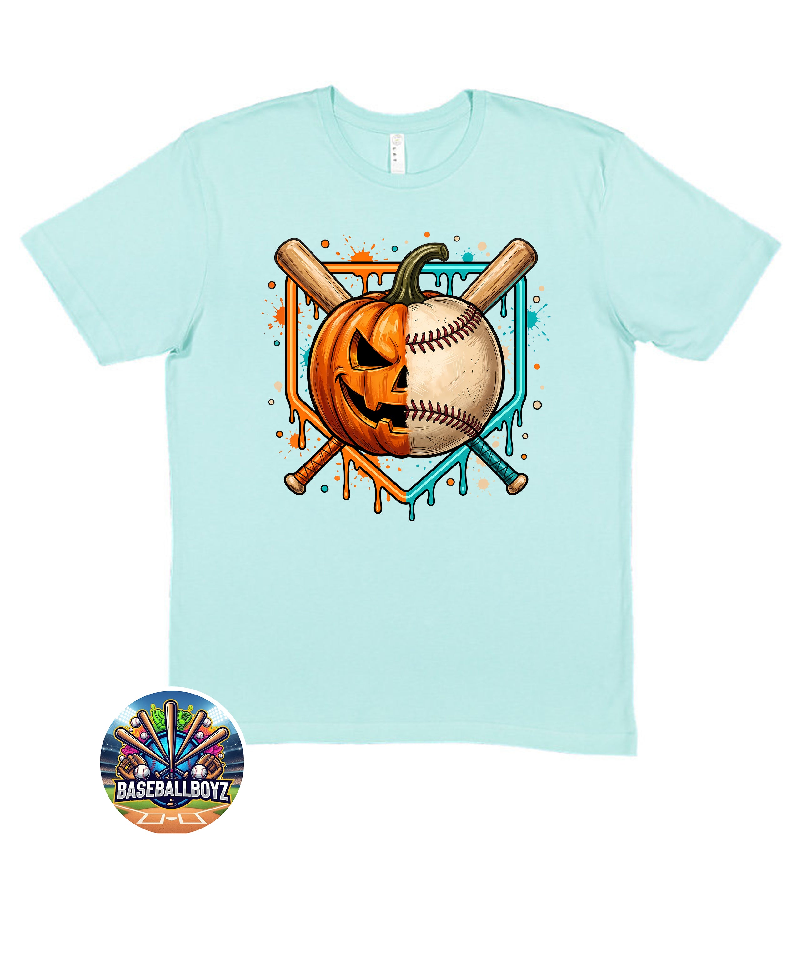 Split Baseball Pumpkin Drip Halloween Graphic T-Shirt