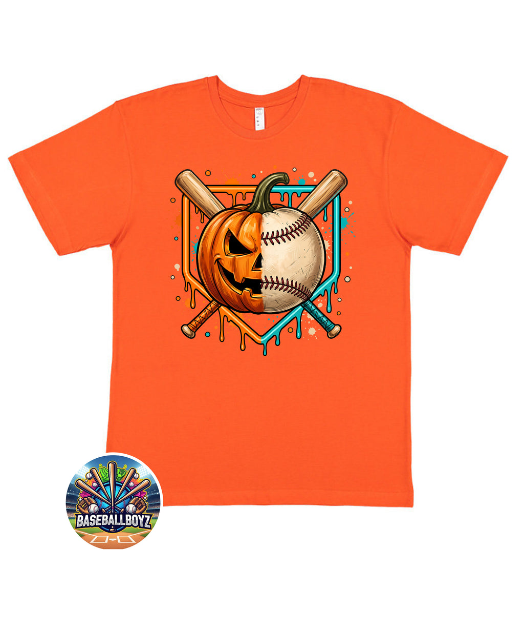 Split Baseball Pumpkin Drip Halloween Graphic T-Shirt