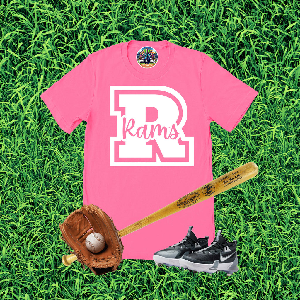R Rams Block Cursive Text Team Graphic T-Shirt